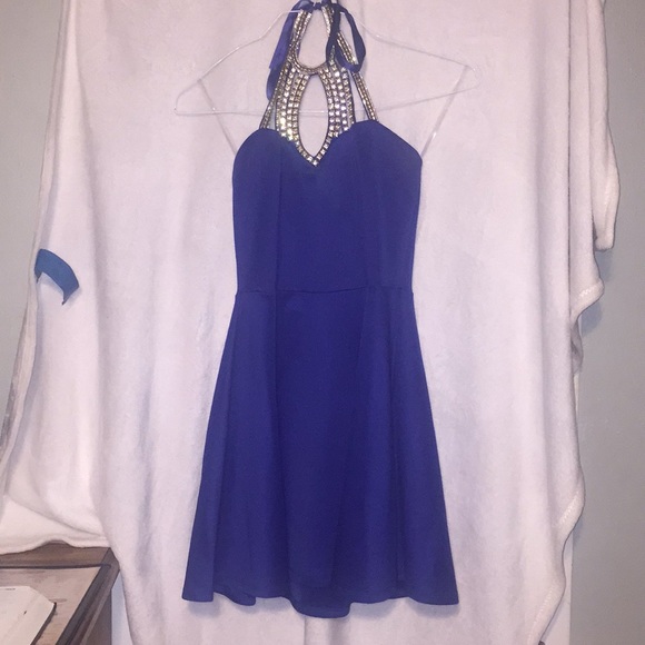 Royal Blue Mid-Calf Beaded Neck Homecoming Dress - Picture 1 of 3